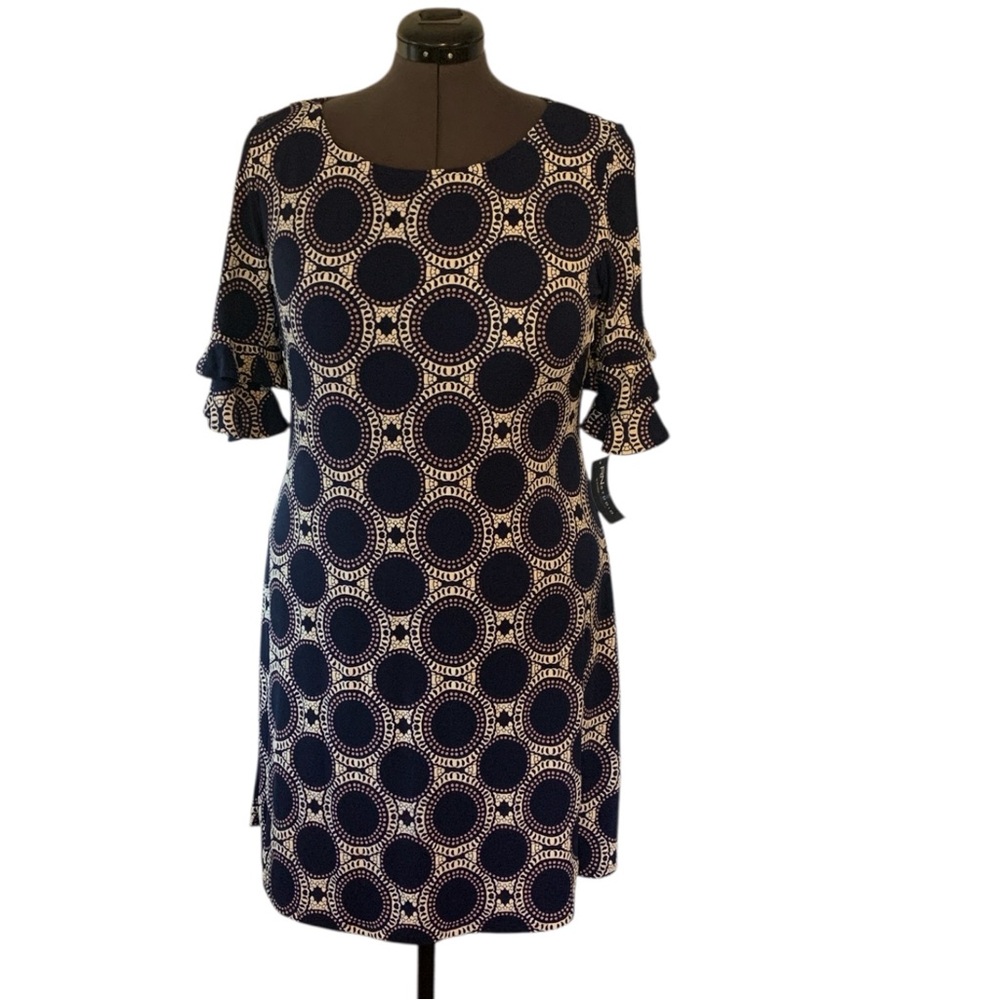 Ronnie Nicole Dress Navy and White with Ruffle Sleeves Size 16
